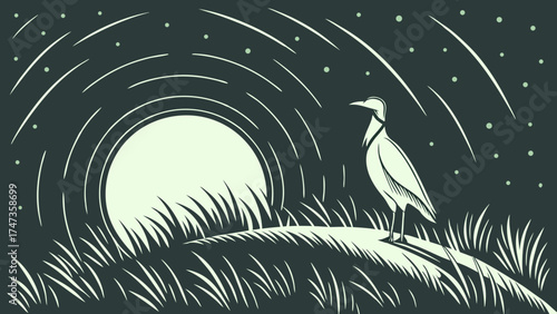 Stylized Bird Silhouette in Night Landscape with Moon and Grass Illustration.