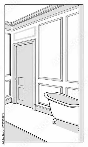 Bathroom interior design clawfoot tub wainscoting classic bath elegant room home decor architectural drawing interior sketch house plan renovation design remodeling home improvement d.