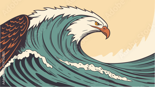 Stylized Eagle Soaring Above a Powerful Ocean Wave Vintage Art Graphic Design Bird Illustration.