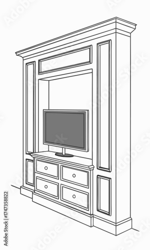 Built-in Entertainment Center with TV and Drawers Modern Home Design Illustration.