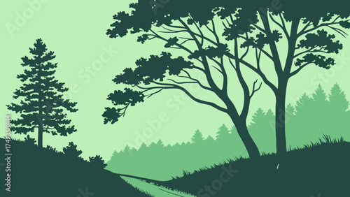 Stylized Forest Silhouette Green Nature Landscape Trees and Path Illustration for Design Projects.