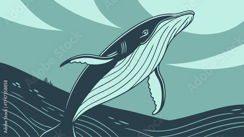 Stylized Humpback Whale Breaching Ocean Waves Aquatic Wildlife Illustration.