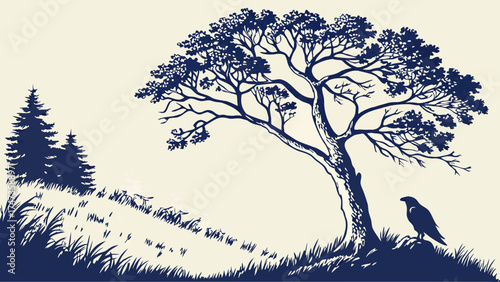 Stylized illustration of a bird near a tree and grass nature scene minimalist design.