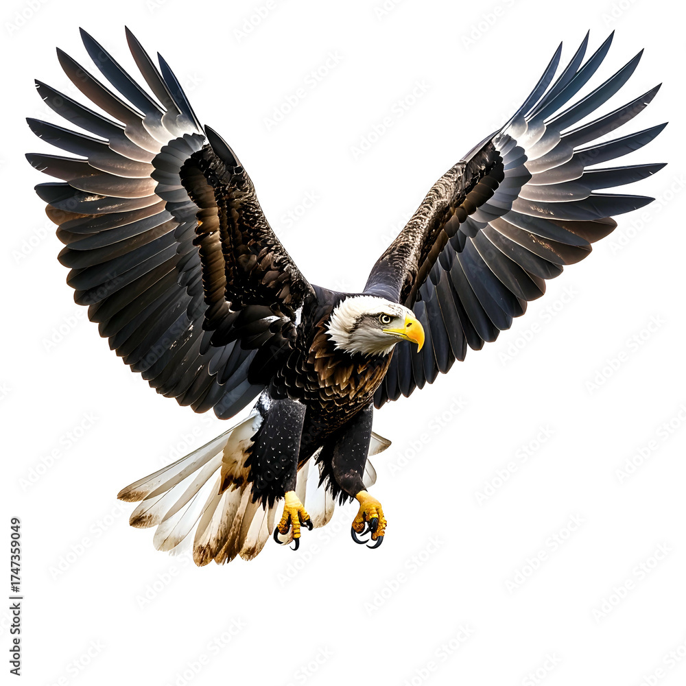 Fototapeta premium Majestic bald eagle with outstretched wings, soaring against a black background, in vibrant detail
