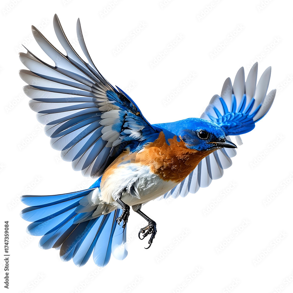 Fototapeta premium A vibrant bluebird in flight, showcasing its detailed feathers against a black background