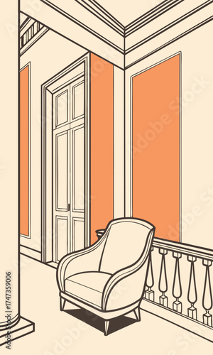 Elegant armchair in classic interior design hallway with columns and orange accents.