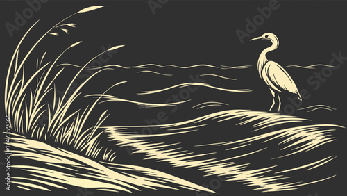 Stylized illustration of a wading bird by the waters edge vector graphic nature art.