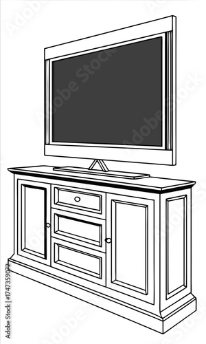 Flat Screen TV on Classic Wooden Entertainment Center Home Theater Setup Illustration Media Console Design Furniture Sketch Modern and Traditional Style.