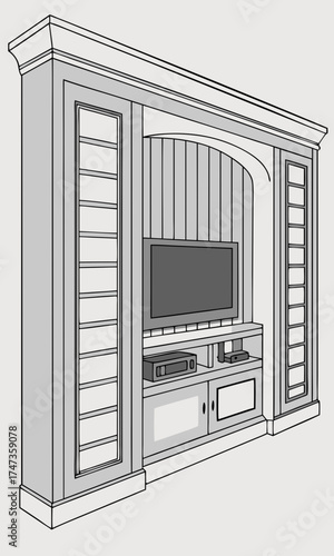 Entertainment Center Design Media Console Illustration Home Theater Cabinet Built-in Shelves TV Stand Plan Arched Niche Wood Furniture Sketch Modern Cabinetry Home Decor Blueprint Interi.