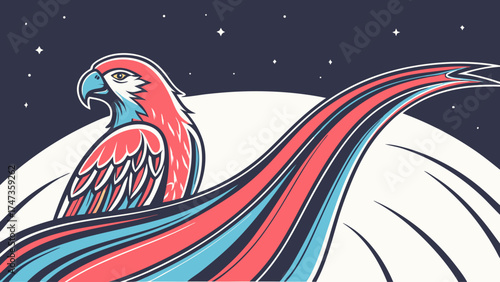Stylized Parrot in Abstract Night Sky with Colorful Swirls Vector Illustration.