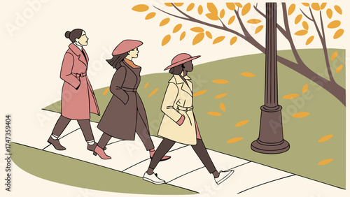 Three Women Walking Together in Autumn Park Fall Fashion Illustration.