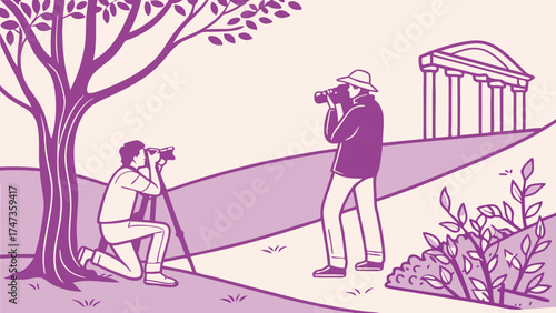 Two photographers capturing scenic landscape with ancient ruins in the background.