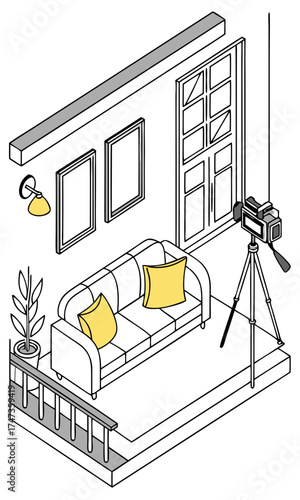 Isometric Illustration of a Living Room Set Up for Filming or Video Recording.