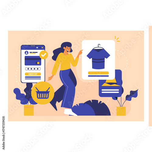 Woman Shopping Online For Fashion Items On A Mobile Device With A Digital Cart And A Display Of A Blue Shirt In A Flat Design Style With Peach And Blue Tones