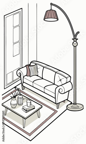 Isometric illustration of living room interior design with sofa, coffee table, floor lamp and rug.