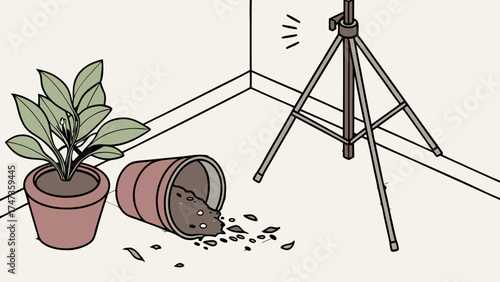 Upset Potted Plant with Spilled Soil Near Tripod Stand in Corner.