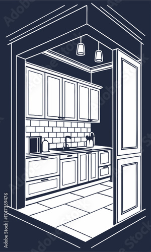 Isometric Kitchen Design Modern Cabinets Tile Floor Architectural Drawing Home Interior Illustration.