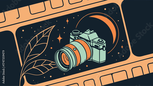 Vintage Camera Illustration with Film Reel and Celestial Elements.