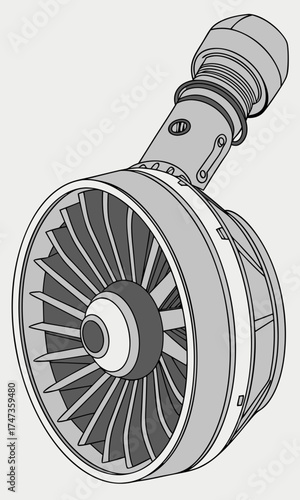 Jet Engine Turbine Fan Blade Diagram Technical Illustration Aviation Engineering Mechanical Part Industrial Design Grey Scale Power Machinery Aerospace Technology Aircraft Component Tur.
