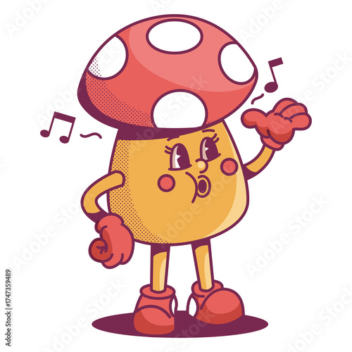 Whimsical Pixel Art Mushroom Character Singing Music Notes with Red Spots on Cap and Yellow Body with Red Gloves and Boots Against Transparent Background