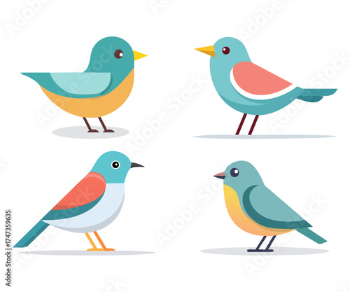 Wallpaper Mural Four colorful cartoon birds with different poses and wing positions, isolated on white background. Torontodigital.ca