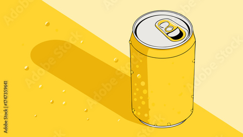 Yellow Soda Can Refreshing Drink Summer Beverage Top View Aluminum Can Cold Drink Canned Beverage Bubbly Drink Yellow Background Minimalist Design Graphic Illustration Pop Art Style S.