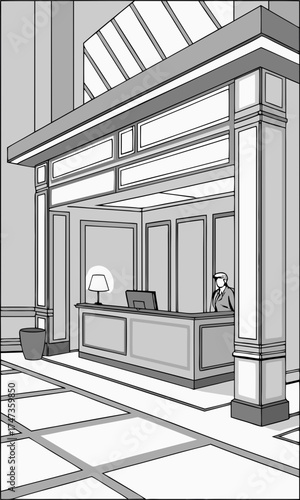 Reception Desk Illustration Hotel Lobby Interior Design Customer Service Business Concept Modern Architecture Stylish Interior Elegant Decor Office Space Gray Scale Vector Illustration.