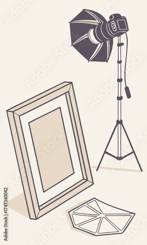 Studio Photography Setup with Camera Lighting Frame and Prints.