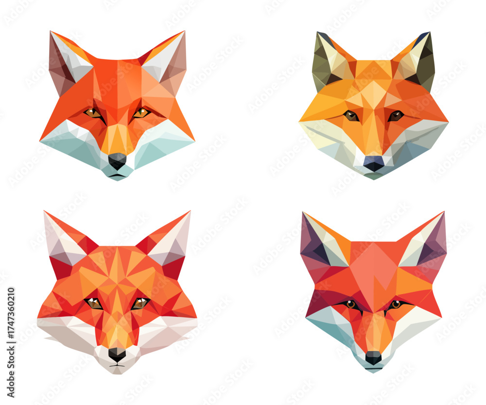 Obraz premium Four polygonal fox heads in orange, yellow, and white on a white background.