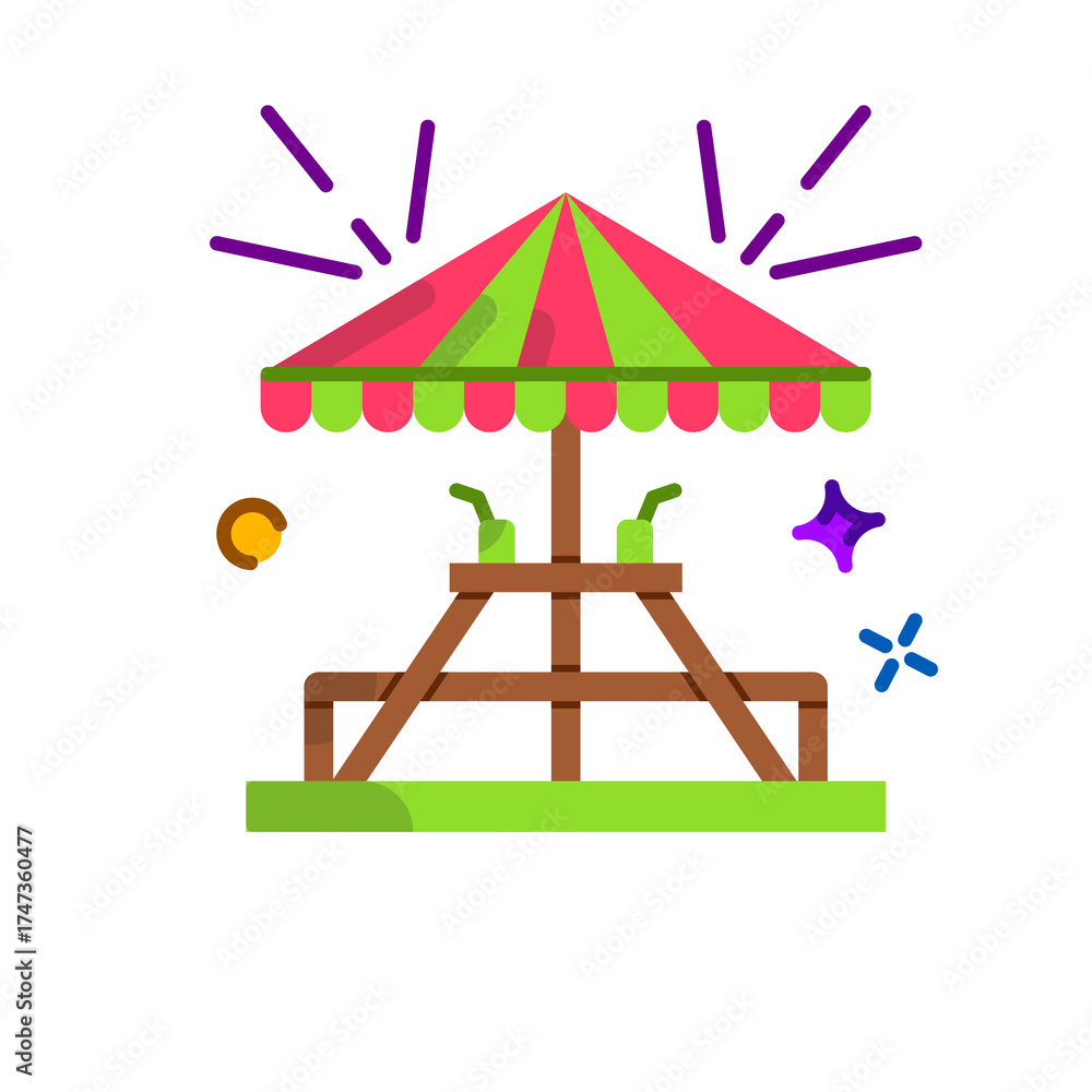 Fototapeta premium Pixelated Picnic Table With Umbrella And Drinks Surrounded By Sparkles And Confetti On Transparent Background