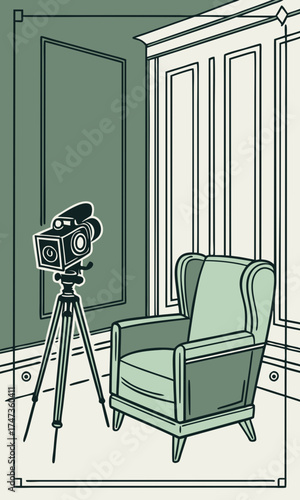 Vintage Film Camera and Armchair in a Room.