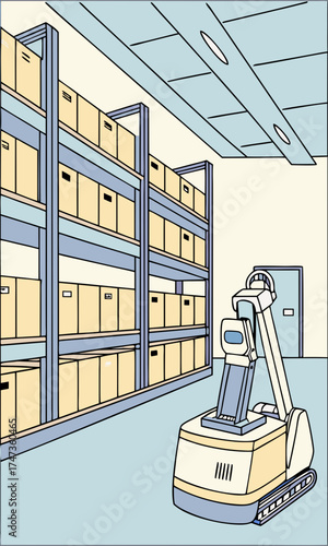 Warehouse robot automated logistics inventory management industrial automation distribution center robotic arm storage shelves boxes packaging technology factory manufacturing supply.