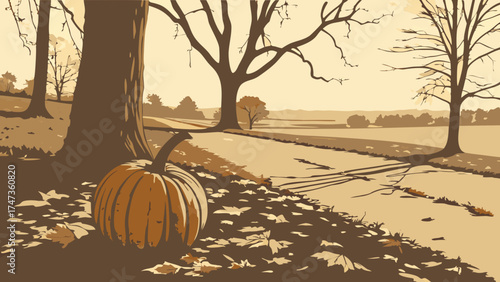 Autumnal Pumpkin beside Country Road Fall Landscape Illustration Thanksgiving Harvest.