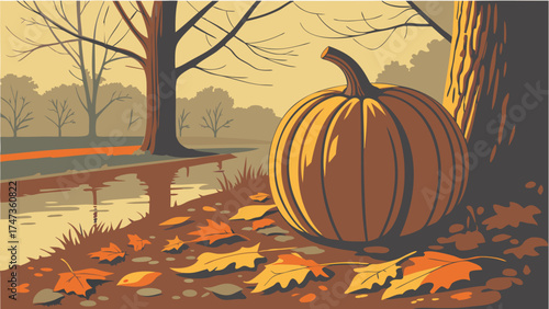 Autumnal Pumpkin by a Stream with Fallen Leaves.