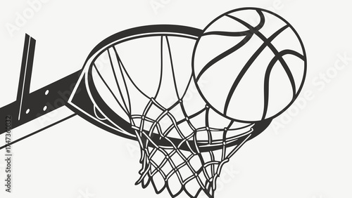Basketball going through hoop black and white vector illustration.