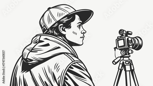 Black and white illustration of a person using a camera on a tripod.