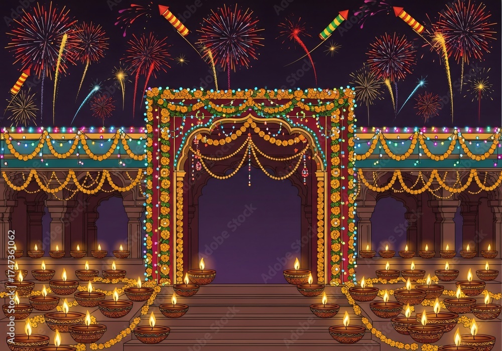 Fototapeta premium Illuminated traditional archway with clay oil lamps and festive fireworks against a dark night sky
