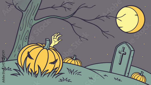 Halloween illustration spooky pumpkins graveyard scene autumn October fall night moon creepy scary vector art cartoon cute whimsical holiday celebration design element graphic i.