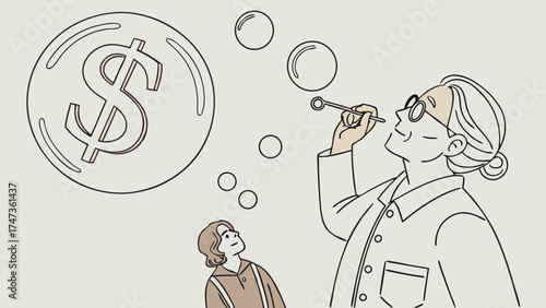 Illustration of a person blowing a dollar sign bubble, with another person looking up in admiration