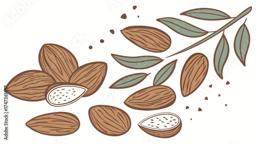 Illustration of almonds with leaves healthy food nut design organic product vector drawing.
