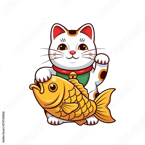 Cartoon Maneki Neko with Golden Taiyaki Red Collar and Raised Paw