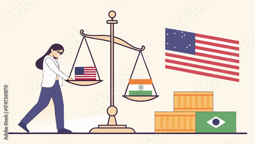 International Trade Global Economy Balance Scales Business Import Export Woman Flag Cargo Shipping Container Logistics Goods Weighing Equality Fair Trade Globalisation Market C.