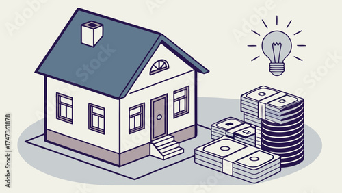Isometric Illustration of House with Stacks of Money and Lightbulb Idea for Investment Finance and Real Estate Concepts.