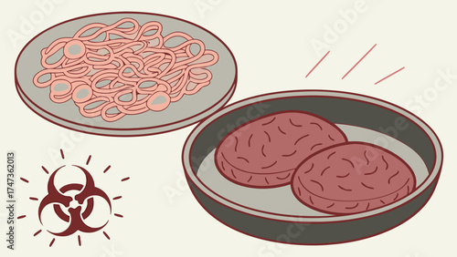 Lab-grown meat and noodles illustration biohazard symbol futuristic food cultured meat alternative protein sustainable food cell-based meat food technology science fiction vector art gr.