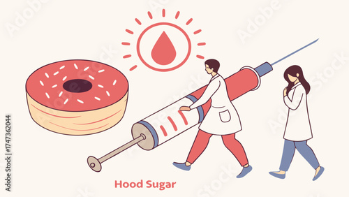 Medical Illustration Healthcare Workers Carrying Giant Syringe with Donut and Blood Drop Symbol.