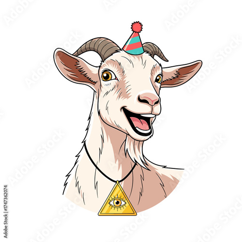 Cartoon Goat with Party Hat and Illuminati Pendant Smiling Widely