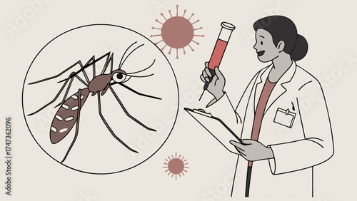 Medical illustration Scientist studying mosquito and virus healthcare research concept.