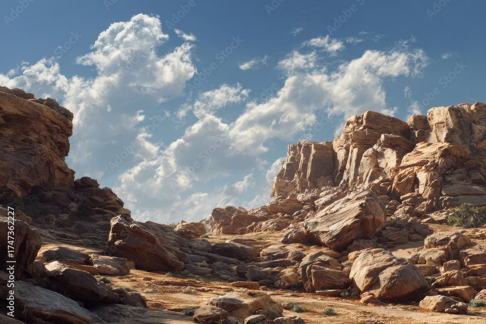 Fototapeta premium Arid Canyon Landscape with Towering Clouds and Rocky Terrain under a Bright Blue Sky.