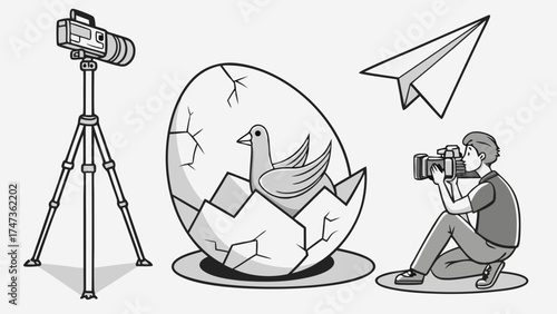 Photographer capturing a bird hatching from an egg with a camera on a tripod and a paper airplane in the background.