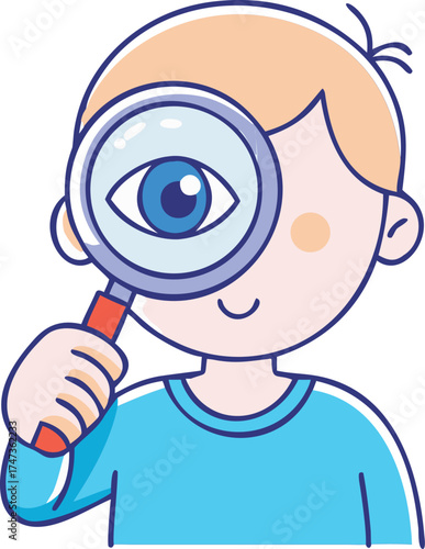 A boy examines an object closely through a magnifying glass, showcasing curiosity and exploration.